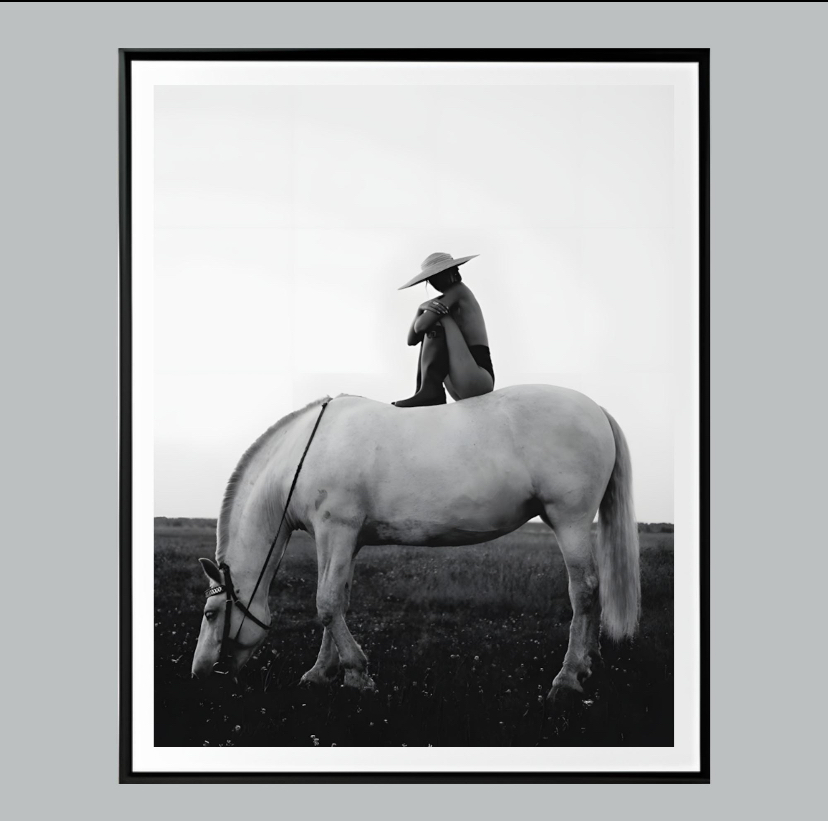 Woman on Horse B/W Frame.